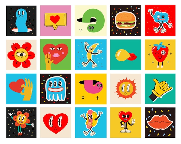 70's groovy vierkante posters kaarten of stickers Retro print met hippie schattige kleurrijke funky karakterconcepten van gekke geometrische druipende emoticon Alleen goede vibes zin