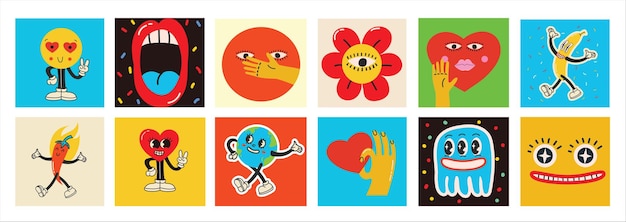 70's groovy vierkante posters kaarten of stickers Retro print met hippie schattige kleurrijke funky karakterconcepten van gekke geometrische druipende emoticon Alleen goede vibes zin