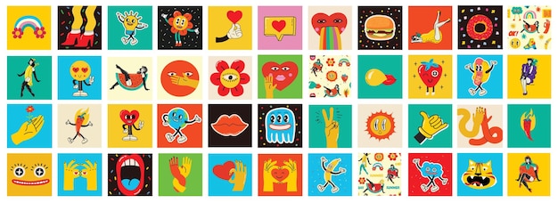 70's groovy vierkante posters kaarten of stickers Retro print met hippie schattige kleurrijke geometrische vormen funky karakterconcepten van gekke geometrische druipende emoticon Alleen goede vibes zin concept