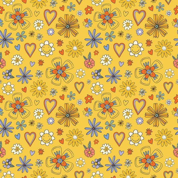 70's retro flower seamless vector pattern Bold funky floral illustration print in yellow orange and green Seventies style summer spring flower power design Repeat background texture art