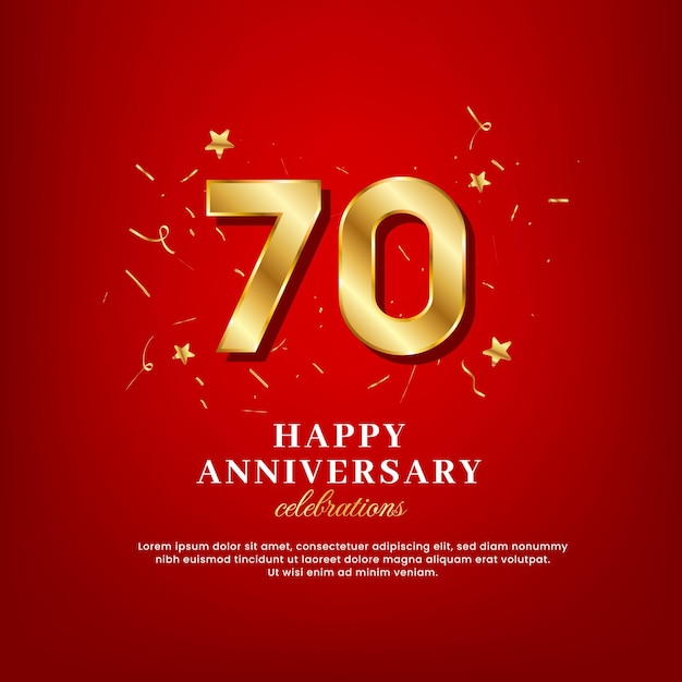 70 years of golden numbers anniversary celebrating text and anniversary congratulation text with golden confetti spread on a red background