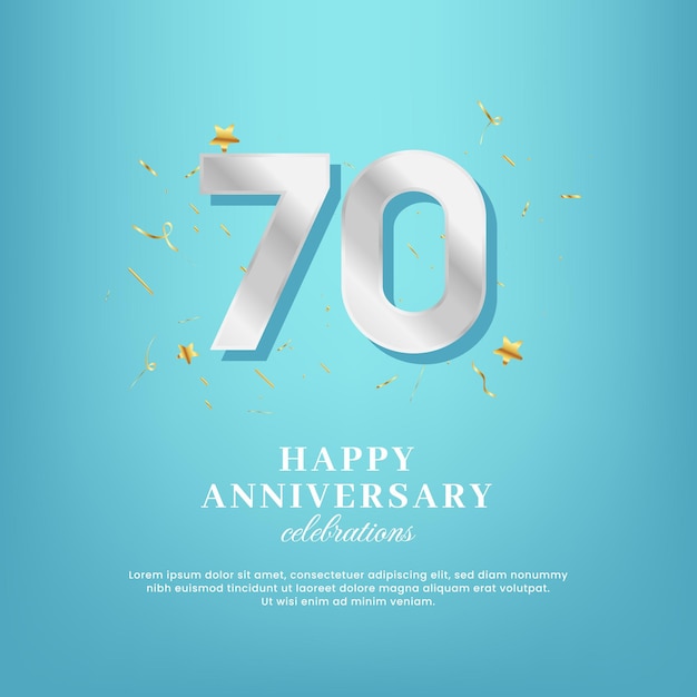 70e verjaardag vector sjabloon met een gouden getal en confetti verspreid op een achtergrond met kleurovergang