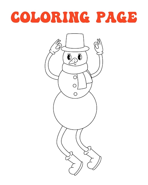 70s 80s groovy coloring page retro print with line cute snowman Printable worksheet with solution for school and preschool Christmas holiday happy new year Vector cartoon illustration