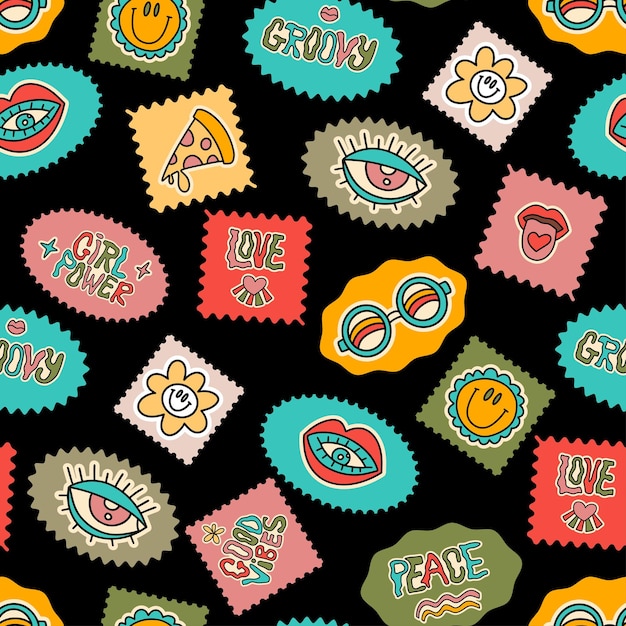 70s 80s groovy retro seamless vector pattern. Cartoon eye lips pizza sticker retro summer psychedeli