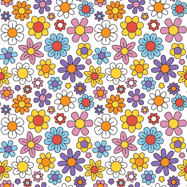 70s groovy flower pattern chamomile and daisy flowers vintage print 60s abstract floral fabric psychedelic retro colors Decor textile wrapping paper wallpaper vector seamless background