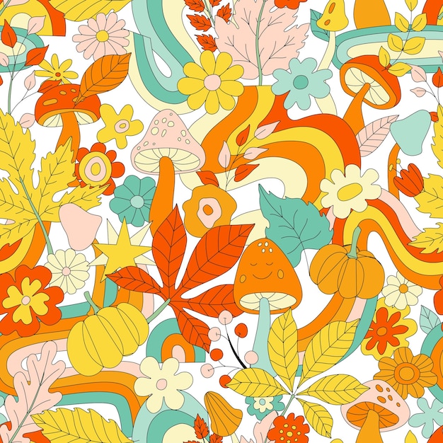 Vector 70s groovy hippie retro seamless pattern vintage floral vector pattern wavy fall background with rainbow leaves mushroom pumpkin and flowers doodle fungi print for wallpaper banner fabric