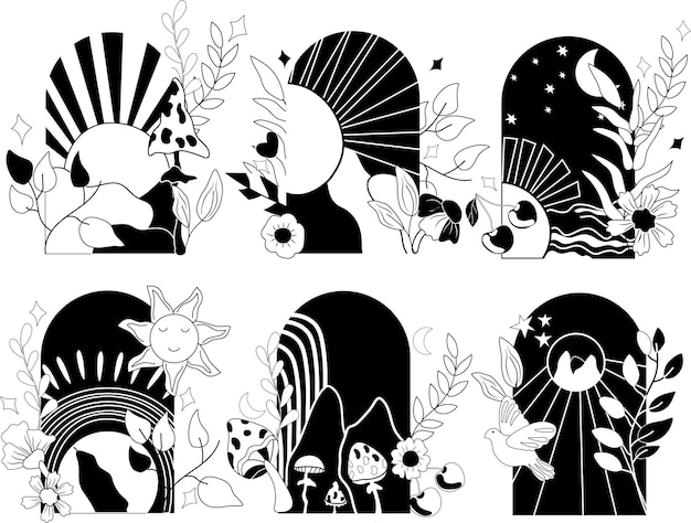 70s groovy posters, Retro Black and white sunset background, mushroom, leaves, retro flowers, dove.