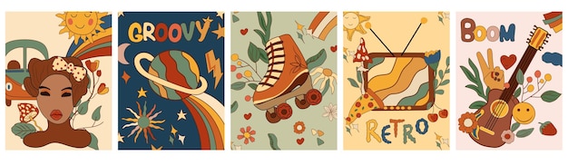 スター、ローラースケート、女の子、花、古いギターなどが描かれた70年代のグルーヴィーなポスター。サイケデリックなポスター。