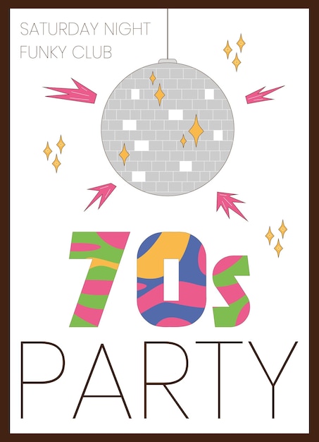 Vettore invito a una festa degli anni '70 con un'illustrazione vettoriale retro di una palla discoteca e lettere funky