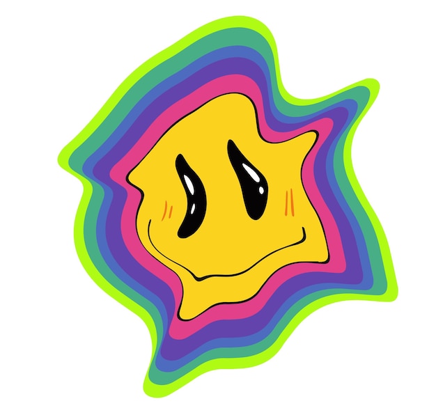 70s retro groovy melting smiley face illustration with rainbow Distorted yellow face Hippie groovy