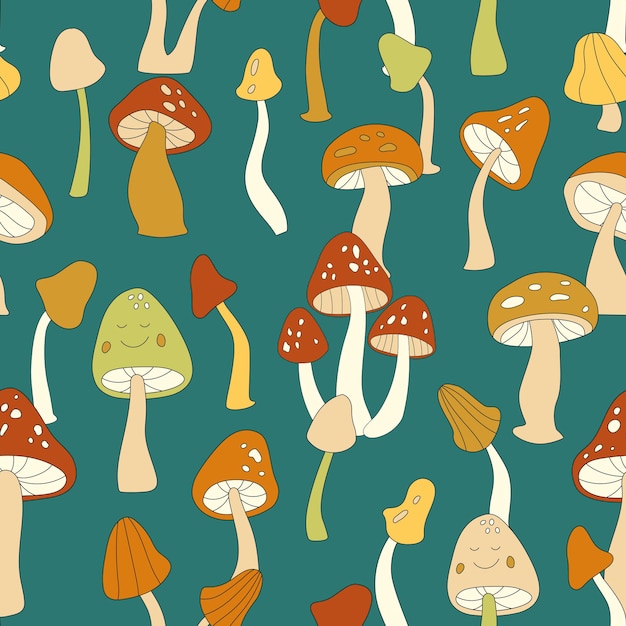 70 년대 복고풍 버섯 벡터 완벽 한 패턴입니다. 그루비 빈티지 꽃무늬 반복 패턴, 균류, 비행 Agaric. 벽지, 배너, 섬유 디자인, 직물, 포장을 위한 귀여운 버섯 히피 프린트