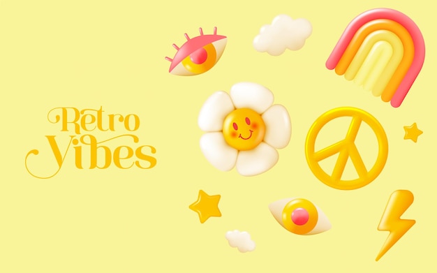 Vector 70s retro vibes icons with retro color scheme 3d realistic vector