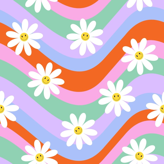 Premium Vector  70s seamless pattern with vintage daisy or camomile groovy  flowers psychedelic floral background