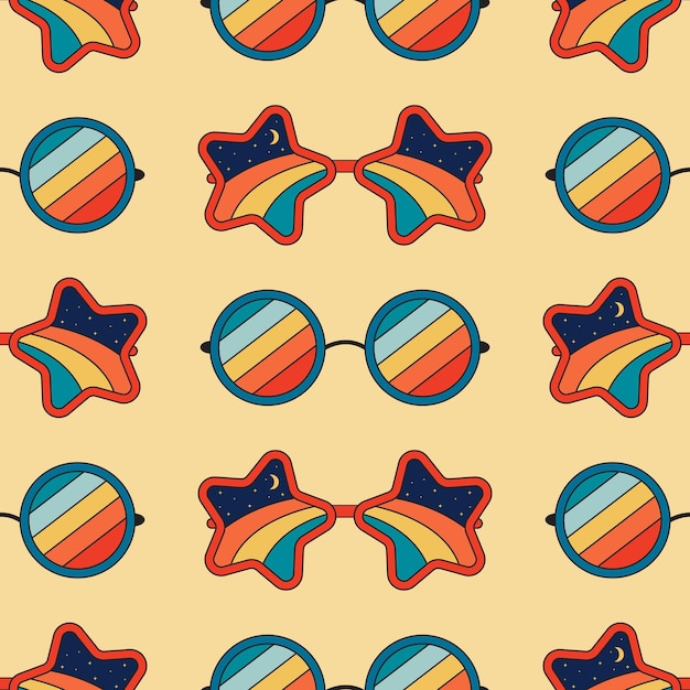 70s seamless vector pattern with disco sunglasses psychedelic background with rainbow glasses