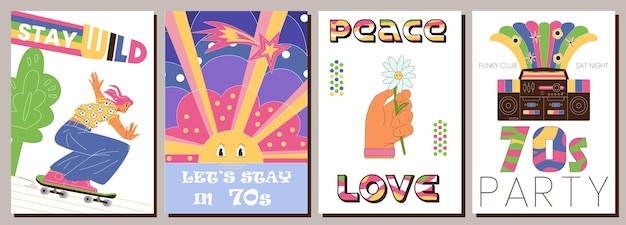 70s style posters with vector retro illustrations Vintage prints and party invitation