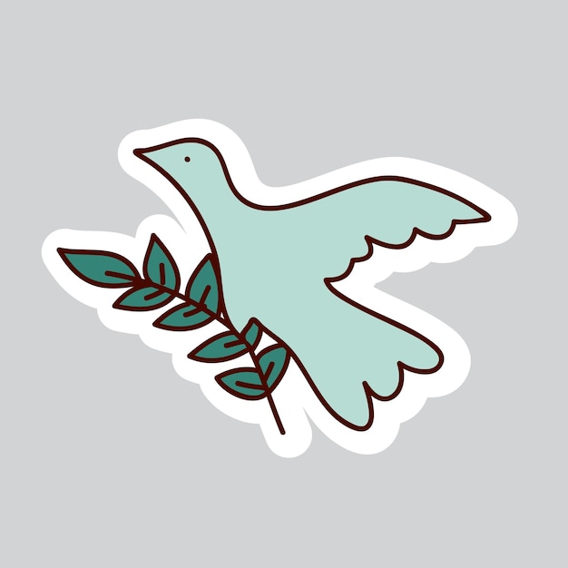 70s styles vector doodle sticker Flying dove with olive branch