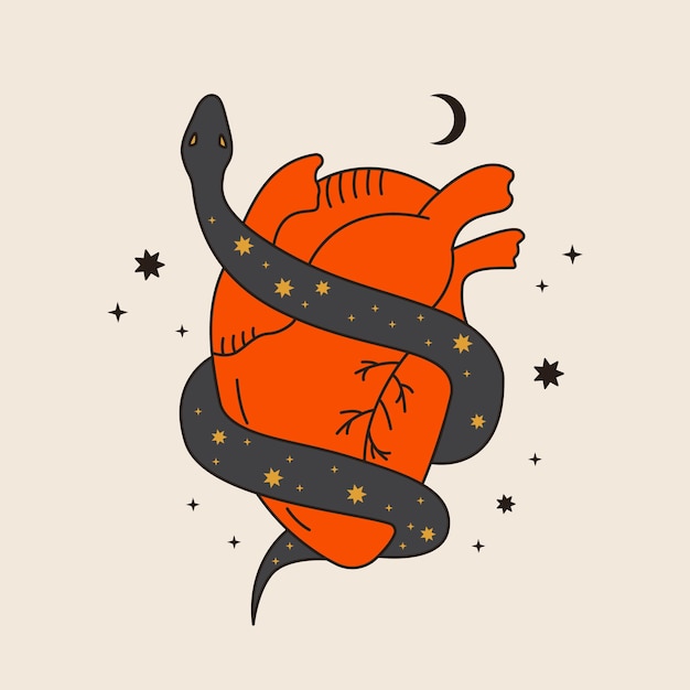 Clipart del tatuaggio psichedelico vettoriale degli anni '70 elemento grafico groovy retrò di serpente avvolto intorno al cuore