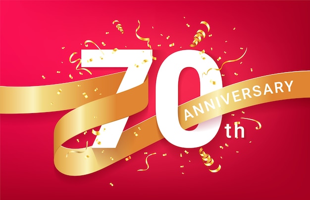 70 주년 기념 축하 배너 템플릿입니다. 반짝임 황금 색종이와 빛나는 리본으로 큰 숫자.