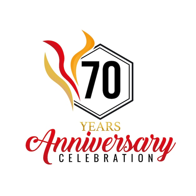 70th Anniversary celebration logo vector design with colorful ribbon gold red black color later font