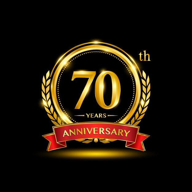 Vector 70th anniversary logo design with golden laurel wreath and red ribbon golden number vector design