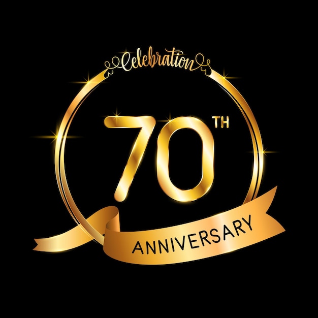 70th Anniversary template design with gold color ribbon and ring Logo Vector Illustration