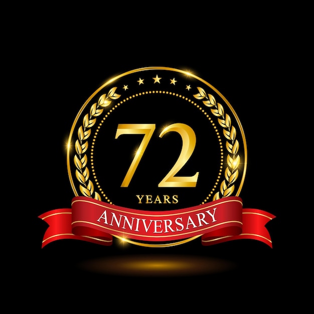 72 Years Anniversary template design with shiny ring and red ribbon laurel wreath isolated on black background logo vector