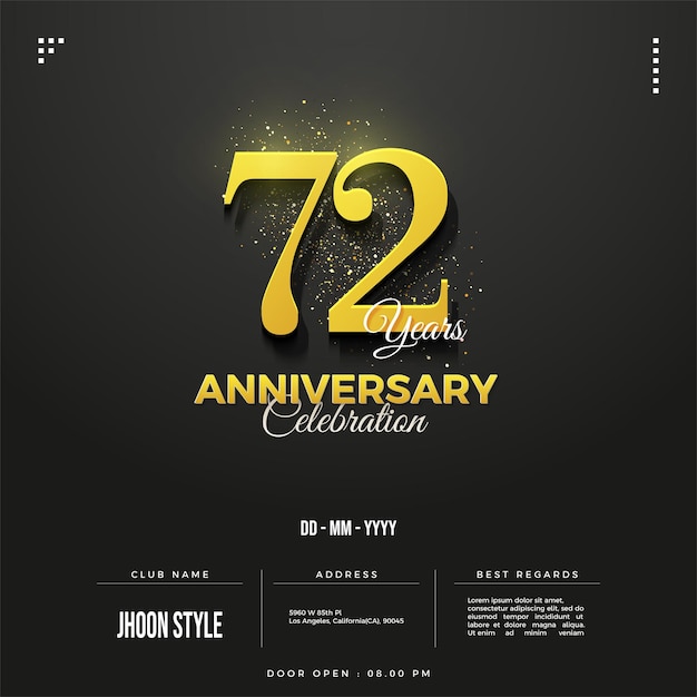 72° anniversario con numeri classici in giallo.