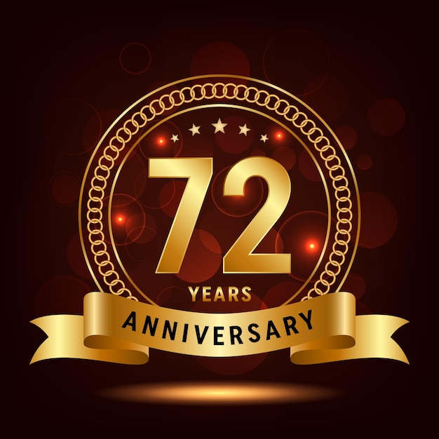 72th Anniversary Logo Golden number with sparkling confetti and ribbon Vector Template