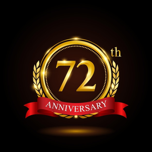 72th golden anniversary template design with shiny ring and red ribbon laurel wreath isolated on black background logo vector