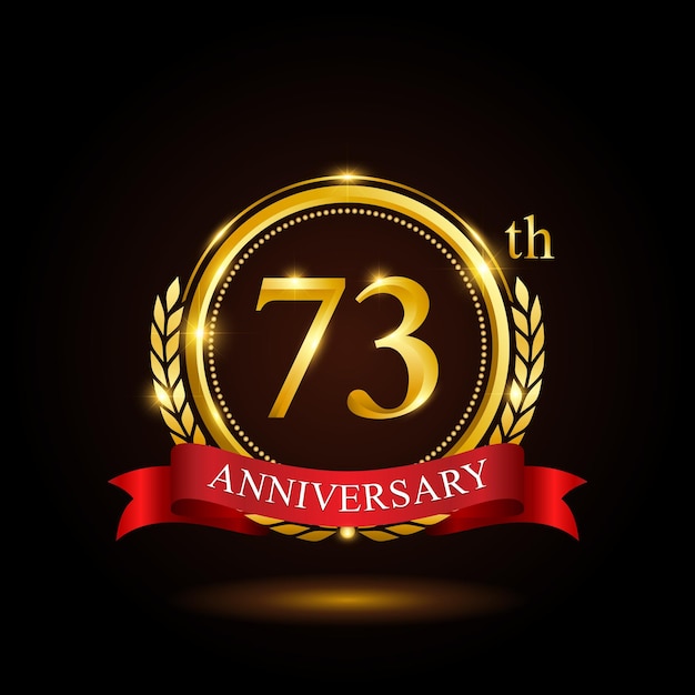 73th golden anniversary template design with shiny ring and red ribbon laurel wreath isolated on black background logo vector