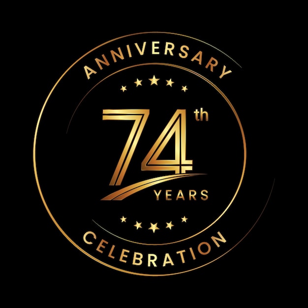 기념일 축하 이벤트 로고 벡터 템플릿을 위한 금색 링과 텍스트가 포함된 74주년 기념일 로고 디자인