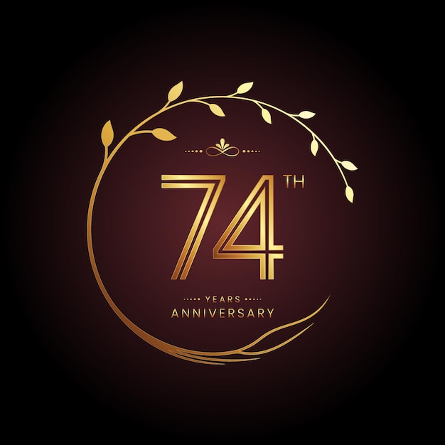 Design del logo del 74° anniversario con un numero d'oro e un concetto di albero circolare