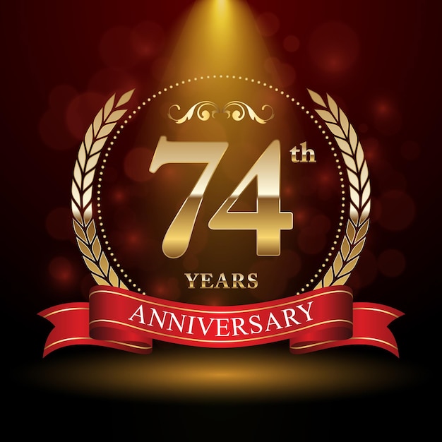 74th anniversary logo design with Laurel wreath and red ribbon Logo Vector Template