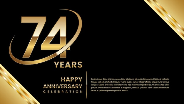 검정색 배경에 황금 숫자가 있는 74주년 템플릿 디자인