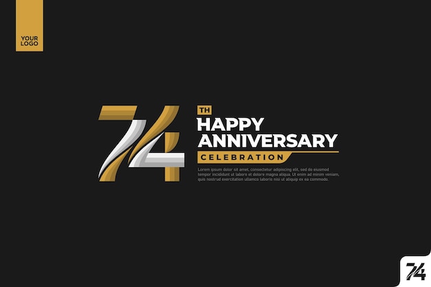74th happy anniversary celebration with gold and silver on black background