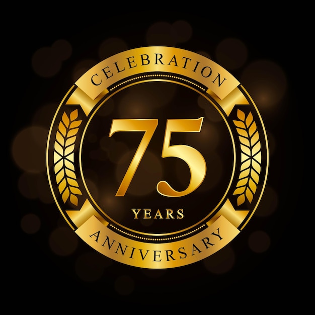 75 year anniversary celebration template design with shiny ring and gold ribbon laurel wreath isolated on black background logo vector
