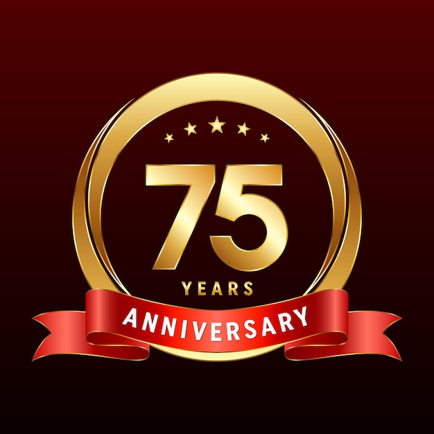 75e verjaardag logo ontwerp met gouden ring en rood lint Logo vector sjabloon illustratie