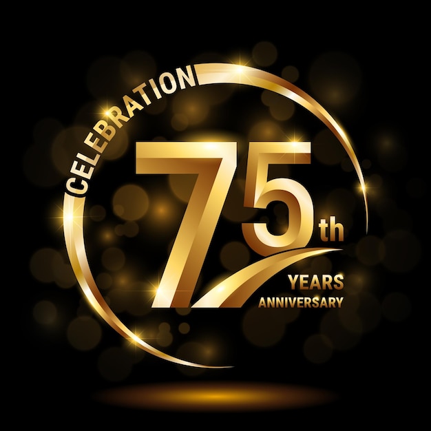 75th Anniversary Celebration logo design with gold ring and golden number Logo Vector Template