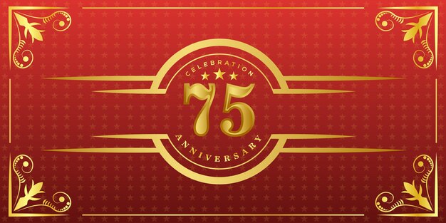 75th anniversary logo with golden ring, confetti and gold border isolated on elegant red background