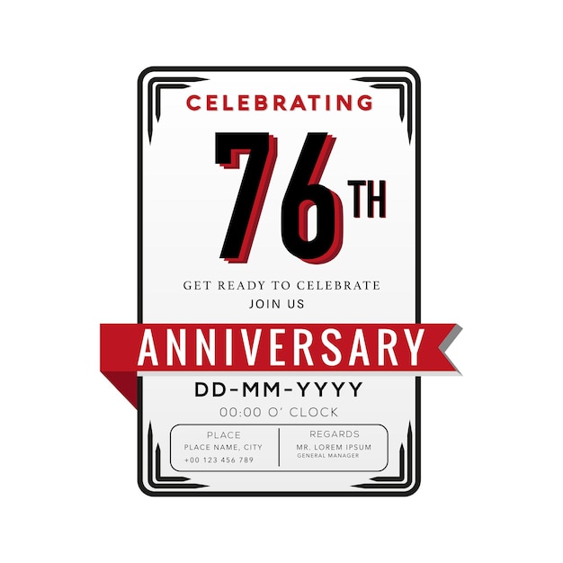 76 jaar verjaardag Logo viering en uitnodigingskaart met rood lint geïsoleerd.