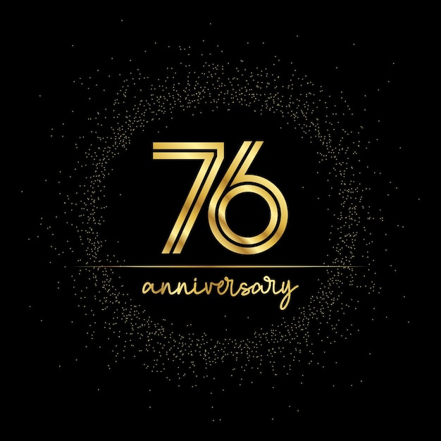 76 years golden number for anniversary with golden glitter and line on a black background