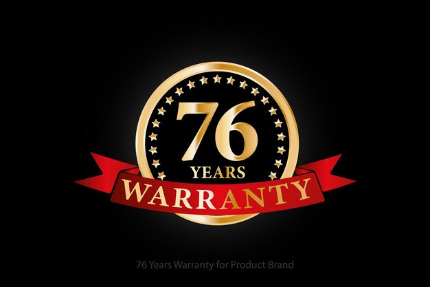 76 years warranty golden logo with ring and red ribbon isolated on black background