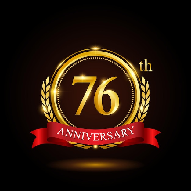 76th golden anniversary template design with shiny ring and red ribbon laurel wreath isolated on black background logo vector