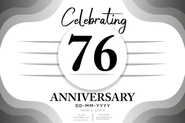 Vector 76th year anniversary logotype with multiple line silver color isolated on black background design