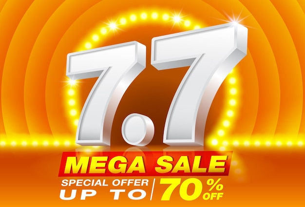 Vector 77 mega sale poster or banner template with number 7 3d text on spotlight led orange background