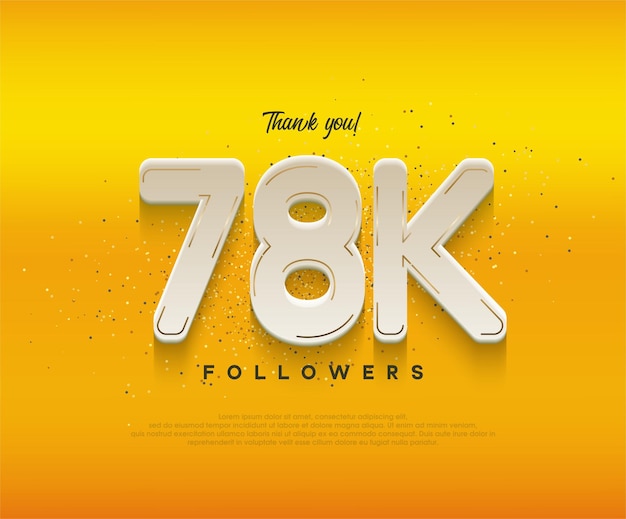 Vettore celebrazione di 78 mila follower con numeri bianchi moderni su sfondo giallo