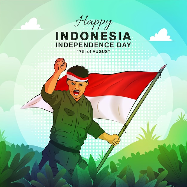 78 回目の独立記念日またはディルガハユ共和国インドネシアのバナーと旗を保持している兵士