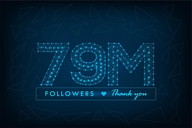 79M followers polygonal wireframe social media post with abstract low poly blue background