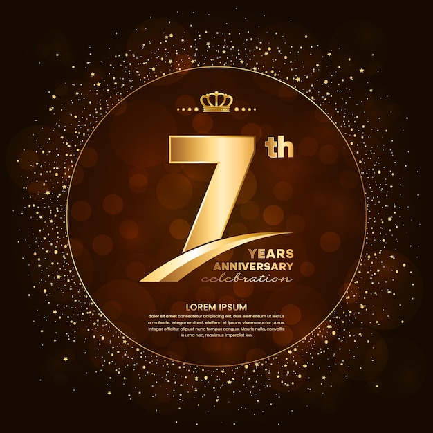 7th anniversary logo with gold numbers and glitter isolated on a gradient background