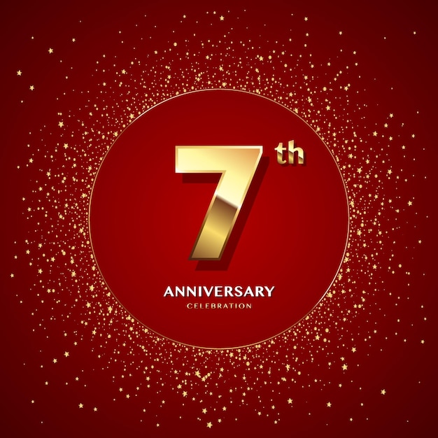 7th anniversary logo with gold numbers and glitter isolated on a red background